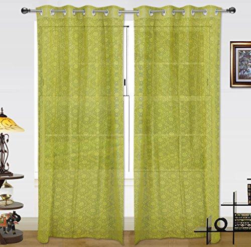 Image of Dekor World Green Cotton Net Curtain Set (Pack of 2)-110x275cm (4x9Feet) Long Door Curtain