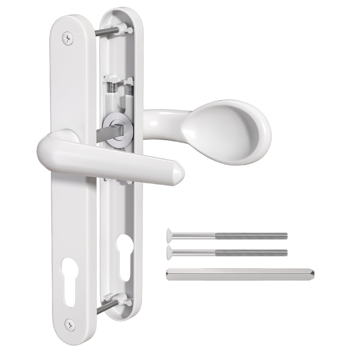 Bwintech 1 Stück Weißes Aluminium UPVC Türgriff, Hebel/Pad Inline 92mm Dornmaß, 211mm Schraubenlochabstand, 243mm Plattenlänge Vordertürgriffe für UPVC Tür