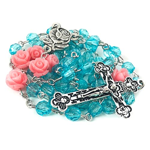 Lourdes Turquoise Crystal Cut Pink Rose Catholic Rosary Beads for Women - Necklace and Gift3
