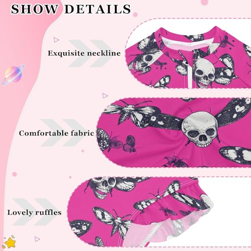 Skull Butterfly Girls Long Sleeve Rashguard Swimsuit UV Protection One-Piece Swimwear Bathing Suit B04043894