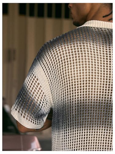 Verdusa Men's Hollow Out Colorblock Lightweight Sweaters Button Down Collared Knit Tops4