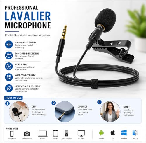 Image of CERLINK Clip-On Lavalier Microphone with Case | 3.5mm Collar Mic for Clear Voice Recording | Compatible with Smartphones, PC & Laptop | for YouTube, Vlogging & Interviews | 1.5M