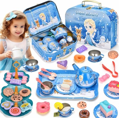 48 Pcs Tea Party Set Princess Tea Set Frozen Toys for Girls Kids Tea Set Pretend Play Kitchen Including Dessert Cookies Doughnut Teapot Tray Cake & Carrying Case (Blue)
