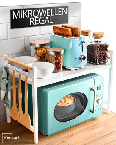 Kensari Mikrowellenregal Erweiterbar 4060 cm Weißes Küchenregal mit Holzgriffen für Arbeitsplatte Höhenverstellbarer Mikrowellenständer aus Stahl Regal für Mikrowelle Kaffeemaschine & Airfryer