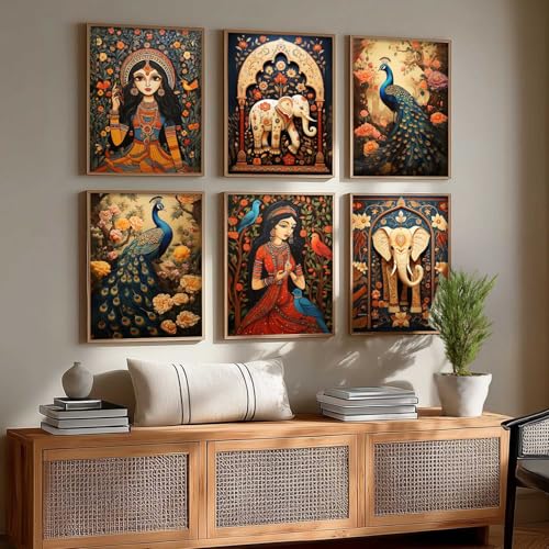 Image of kotart Premium Digital Madhubani Art Paintings with Frame for Home Decor - Framed Painting for Living Room Bedroom Office Room Decor - Painting for Wall Decoration - Pack of 6 (D)
