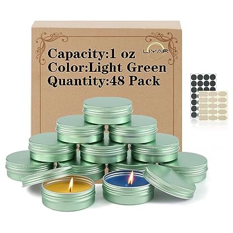 LIYAR 1 oz Container Aluminum Tin Jars 48 Pack Candle Tins Salve Tins Versatile Small Containers with Lids Metal Tin for Balms,Spices,Salve,Crafts(Pale Green) Cover