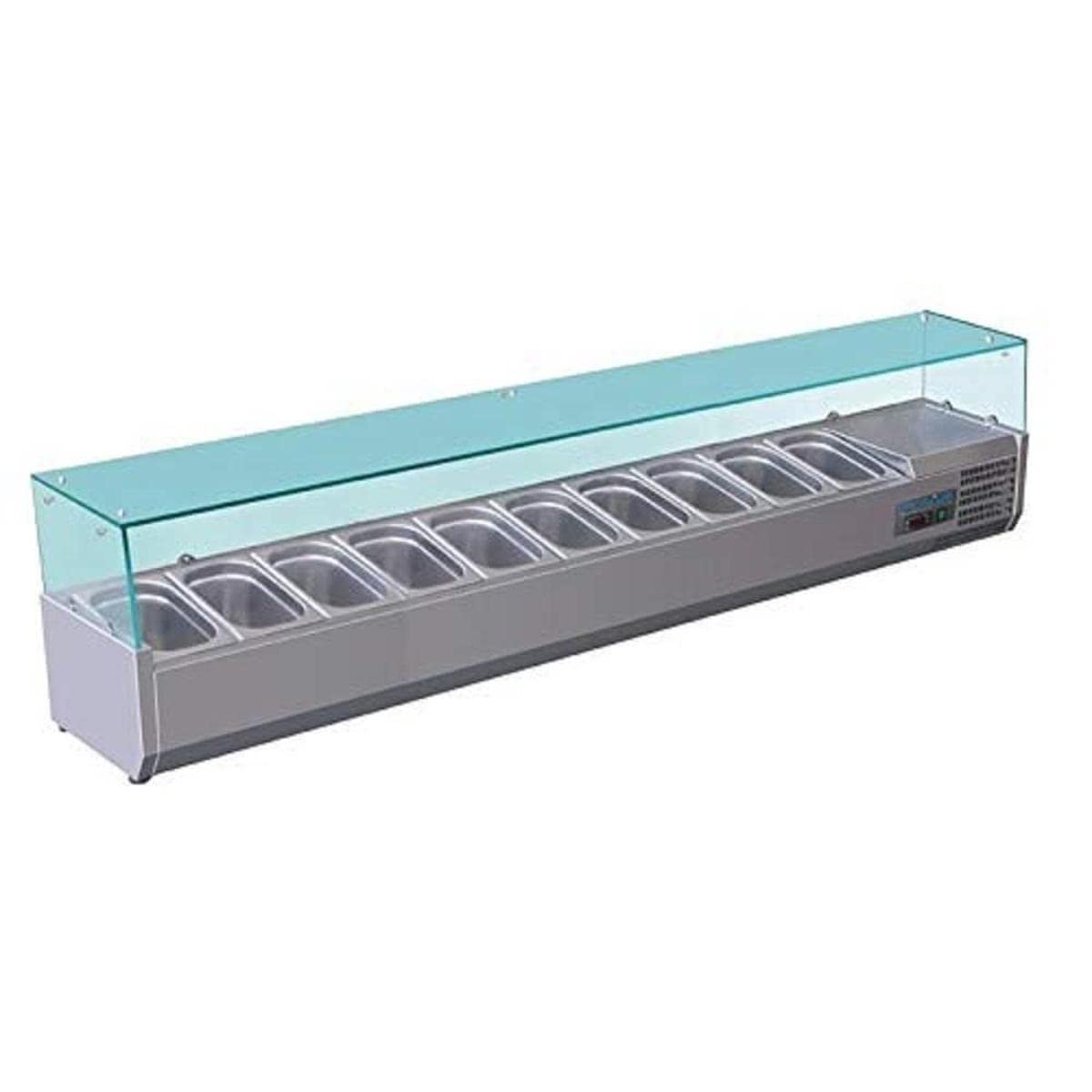 Polar Refrigeration G-Series 230W Countertop Food Prep Fridge with Built-In Glass Surround, Stainless Steel, 2°C to 8°C, 435(H) x2000(W) x330(D) mm, Capacity: 10x 1/4 GN Pans (Sold Separately) | G611