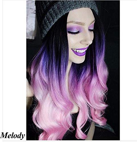 Synthetic Lace Front Wigs Purple To Pink 2T Natural Wave With Dark Roots Free Part 180% Density Half Hand Tied Heat Resistant Fiber Hair for Women 24''