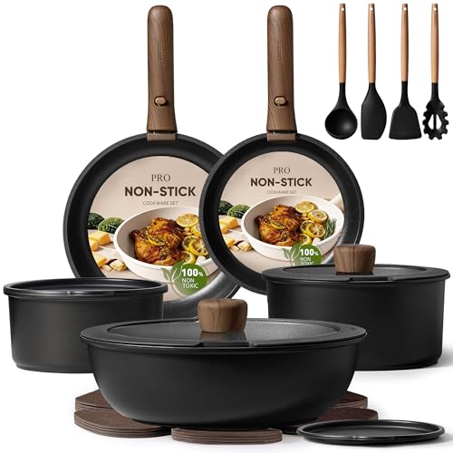 CAROTE 19pcs Pots and Pans Non Stick, Cookware Sets Detachable Handle, Induction Kitchen Pots and Pans,NonStick Cooking Set, Oven/Dishwasher/Fridge Safe, Space Saving by CAROTE - Used condition - US$72.82