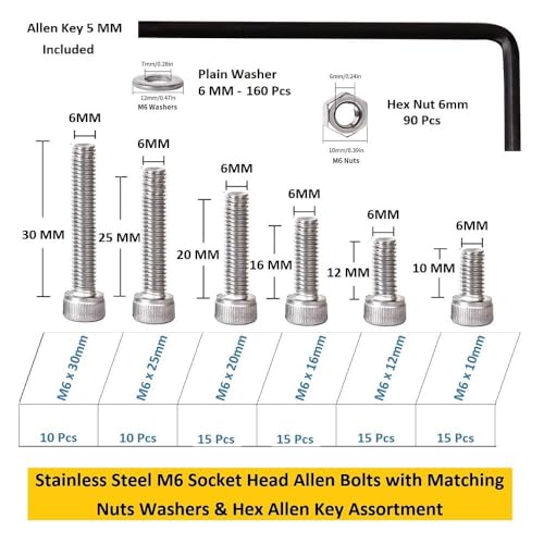 Image of Metric M6 Stainless Alloy Steel 202 Grade Hex Socket Head Cap Screws Nuts Allen Bolt Washer, Allen Keys Assortment Kit Set with Storage Box - Pack of 331 Pcs