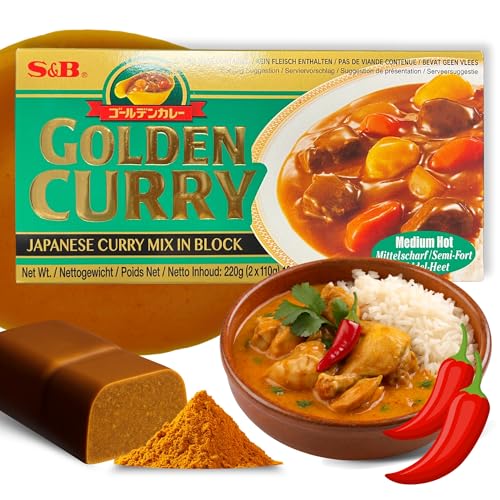 Curry Japones en Pastilla, Pastillas de Golden Curry, Pasta curry japonés Medio picante, Elaborado con 35 especias diferentes, Apto para elaborar unas 12 raciones, Medio picante, Contiene 220 gr