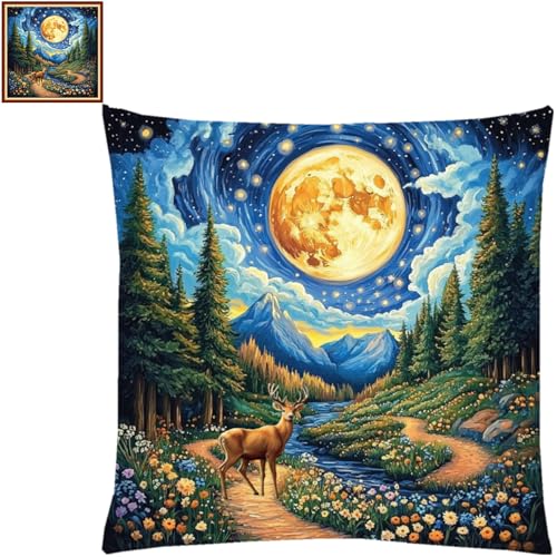 Image of Fanxvivy Stamped Cross Stitch Kits for Adults Beginners Pillow Needlepoint Kit with Embroidery Pattern Needlework Kit Prestamped Stitches Kit 11CT Cross Stitching-Deer Under Starry Sky 18x18 inch