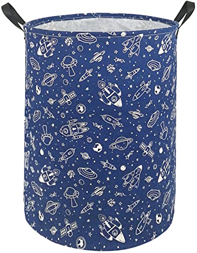 Image of Kids Laundry Hamper Clothes Gift Basket Storage Laundry Baskets Organizer Bin with Handles for Nursery Room (Navy Spaceship)