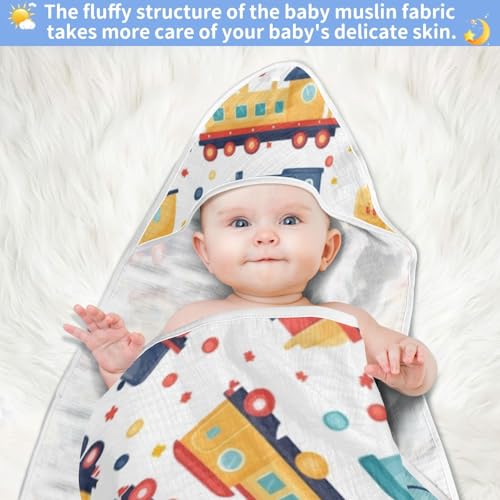 Image of Pigsaly Colorful Cartoon Car Hot Air Balloon Hooded Baby Towel Rocket Airplane Ship Car Baby Bath Towel Unisex Soft Organic Cotton Washcloths Toddlers Shower Gifts for Boys Girls Newborn 35 x 35 in