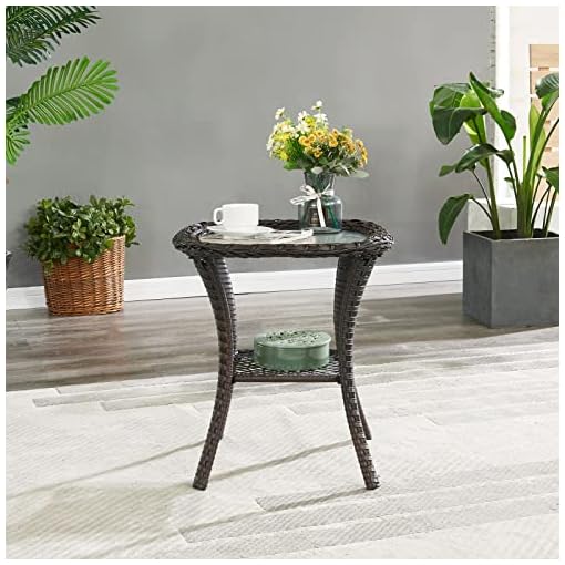 HUMMUH Patio Wicker Side Table Outdoor, Rattan End Table Glass Top