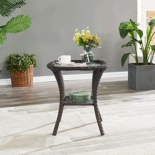 HUMMUH Patio Wicker Side Table Outdoor, Rattan End Table Glass Top