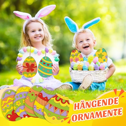 24 Stück Holzanhänger Ostern Basteln Kinde, DIY Unvollendete Ostereier zum Holz Anhänger für Kinder Ostereier