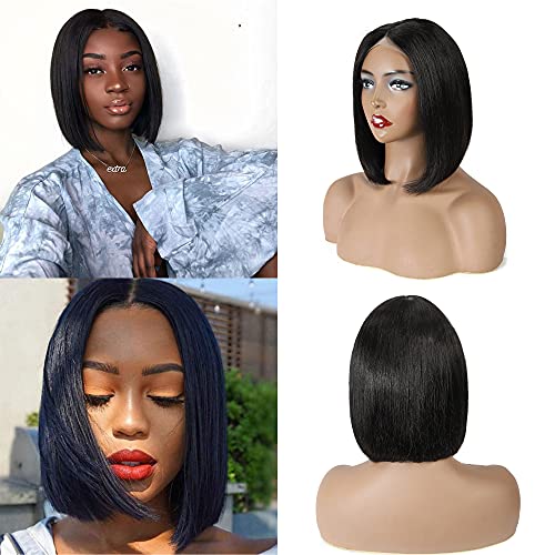 Straight Bob Wigs 100% Brazilian Virgin Human Hair T-Part Lace Front Wigs Middle Parting Human Hair 150% Density Pre Plucked with Baby Hair 10Inch