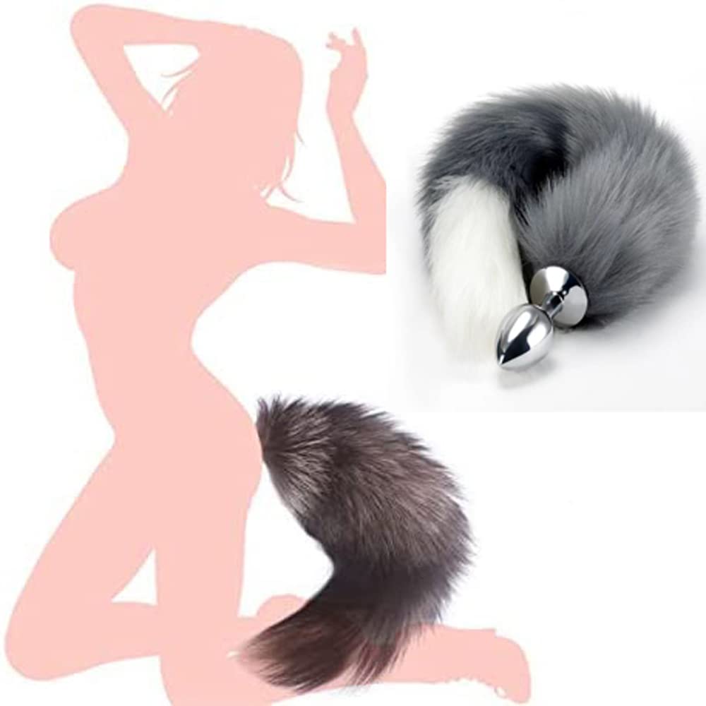 Ooiixx Butt Plug Fox Tail Cosplay Anal Plug Anal Butt Plug Adult Sex Toys for Beginner Women Men Couple (18" Black-1): 18"Gray-White
