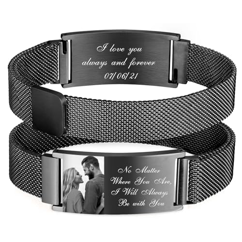 Personalized Photo Bracelet for Men - Free Engraving Custom Bracelets,Hypoallergenic Stainless Steel Adjustable Engraved Wristband,Trendy Waterproof Customizable Picture Bracelet Gift for Women
