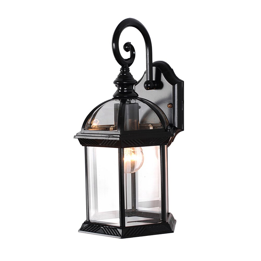 VDOQTLJT Traditional Outdoor Security IP55 Rated Wall Light Lantern Waterproof Sconce for Balcony Garden Terrace Door Outside Lamp Transparent Glass Lampshade(Nero)