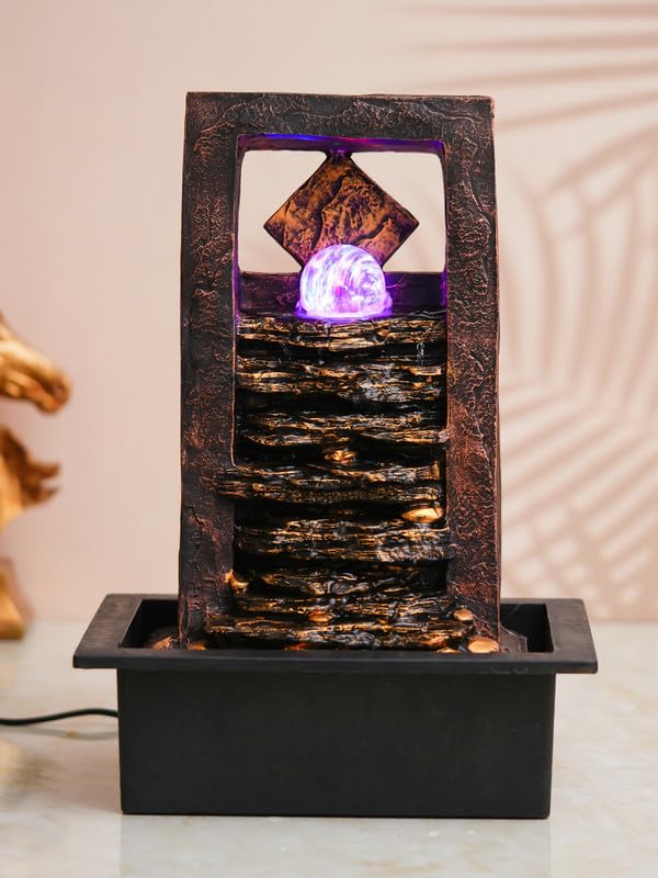 Image of Polyresin Golden Brown Table Top Indoor Waterfall Fountain for Home Decor with Yellow LED, Speed Controller Pump & Crystal Ball (Size: 40.5 x 29.5 x 22CM | Weight: 2240grm)