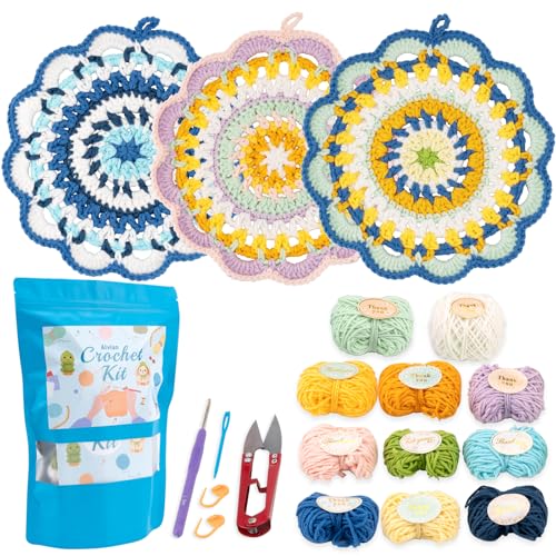 Alvian Kit de posavasos de ganchillo de mandala para principiantes, kit de iniciación de ganchillo para tejer con tutoriales en video paso a paso, mini hecho a mano, regalo de punto de ganchillo para