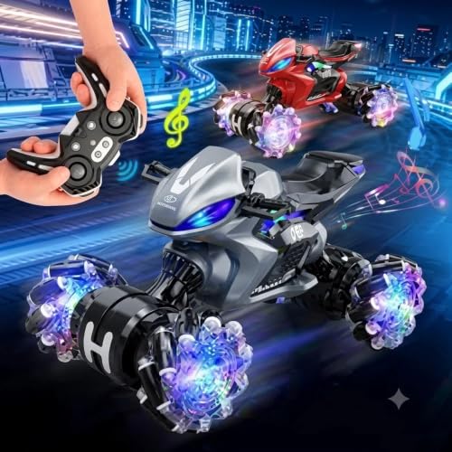 Image of Amitasha ATV Style RC Drift Bike with 360 Rotation, 2.4GHz Remote & Hand Sensor Control Motorbike, Twist Deformation, LED Wheels, Inbuilt Music & 1-Click Demo Rechargeable Motorcycle for Boy