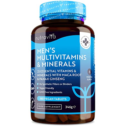 Multivitamine & Mineralien für Männer - 25 Essentielle Aktive Vitamine & Mineralien mit Maca-Wurzel & Panax Ginseng - 180 Vegane Multivitamin Tabletten - Multivitamin Tabletten Hochdosiert - Nutravita Cover