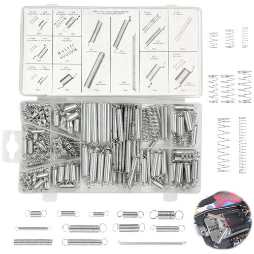 300 muelles de tracción con gancho y muelle de compresión, 20 tamaños, surtido de muelles de acero inoxidable, juego de muelles con caja de almacenamiento para herramientas, dispositivos y coche