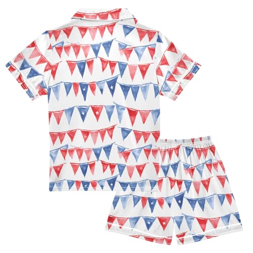 Colorful Cartoon Flags Pattern Summer Satin Pajama Set, Cute Button-Down Sleepwear Pj Set for Sleep Wears2