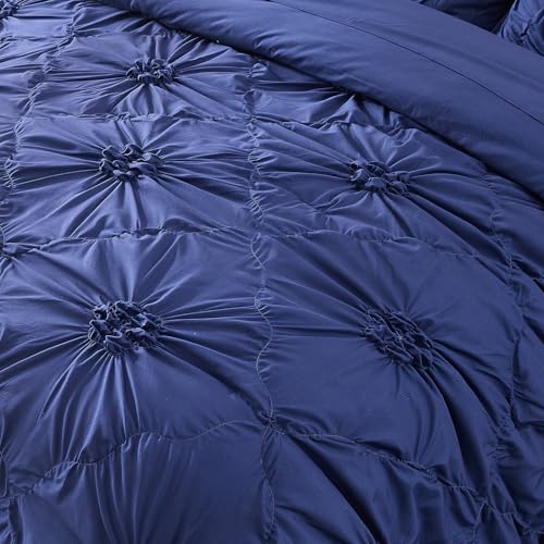 Image of Dark Blue Comforter Set Queen Size Bed in A Bag 7 Piece Pinch Pleat Bedding Set, Pintuck Ruched Flowers Bed Set with Comforter, Sheets, Pillowcases & Shams