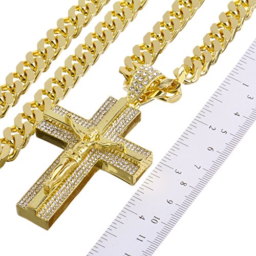 metaltree98 NEW Men's 14K Gold & Silver Plated Iced Cross Jesus Pendant 30" Heavy Cuban Chain Necklace HC 6010 (Gold)2