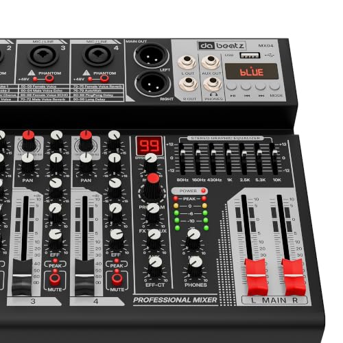 Image of Dabeatz MX04 4-Channel Audio Mixer with XLR /6.35mm Combo Inputs, Bluetooth & USB Playback, 99 DSP Effects, 7-Band EQ, Recording & 48V Phantom Power for DJ, Karaoke & Live Sound