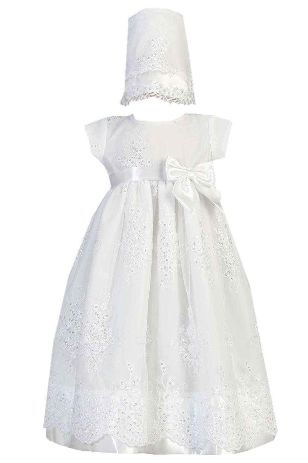 SWEA Pea & Lilli Kendall Girls Christening Baptism Embroidered Organza Gown with Sequins Dress (6-12m) White