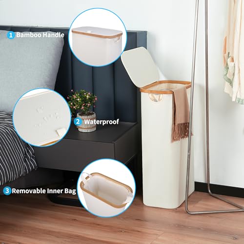 Slim Laundry Basket with Lid, Tall Narrow Washing Basket for Laundry, Folding Small Slimline Laundry Baskets for Dirty Clothes, 63L Cloth Storage Basket Beige, EF-63Beige - Image 5