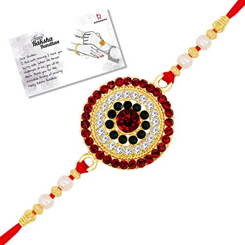 Image of LIVE EVIL Mens Trendy Gold Plated Jaipuri Beads Work Rakhi For Brother Sister With Raksha Bandhan Greeting Card Having Traditional Ethnic Unique Design Specially Hand Made By Indian Craftsman