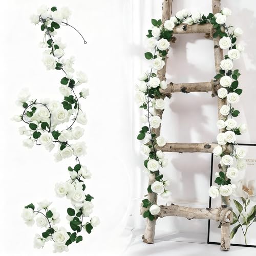 Qivra 2 Pièces Guirlande Fleurs Artificielles, 138 Fleurs Guirlande de Rose Artificielle Blanche, 1,8M Artificial Guirlande Suspendus Fleurs en Soie pour...