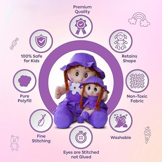 Image of Yellow Plush Doll Set, Stuffed Toy Dolls with Braided Hair and Sun Hats, Mother Daughter Matching Outfit, Girls Gift (Purple,Red,Pink and Yellow) (Purple)