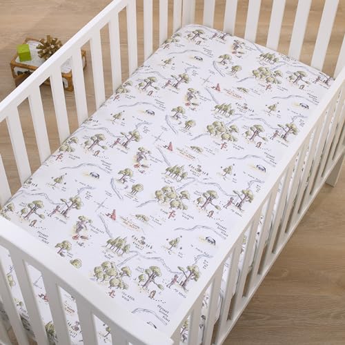 Image of Disney Classic Winnie The Pooh Sage, Tan, and White, Map of 100 Acre Woods Super Soft Nursery Fitted Mini Crib Sheet