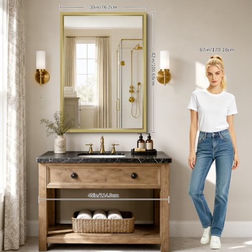 Image of Bathroom Mirror, 30 x 42 inch Natural Wood Grain Colored Aluminum Metal Frame Bathroom Vanity Mirror, Rectangle Wall Mirror for Bedroom Living Room, Tempered Glass, Horizontal or Vertical