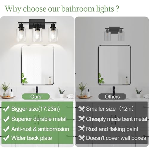 Image of MOKATNG 3-Light Bathroom Light Fixtures, Vanity Light with Clear Glass Shades, Matte Black Bathroom Light Fixtures Over Mirror, Modern Bathroom Wall Lamp for Mirror Living Room Cabinet Bedroom
