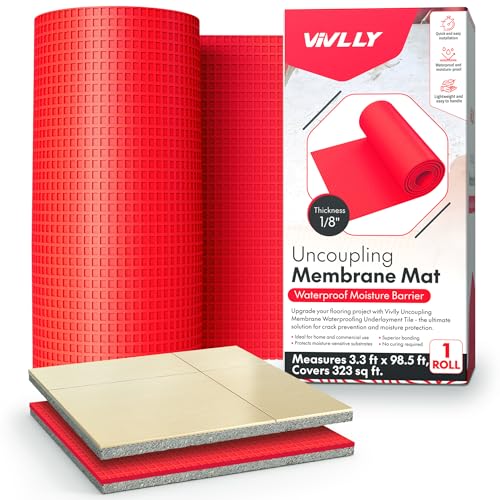Vivlly 1/8” Uncoupling Membrane for Tile, Stone, Concrete, Shower Walls, Bathroom Floors – Waterproof, Anti-Fracture Underlayment Mat (3.3ft x 98.5ft, 323 sq ft) – Colors May Very.
