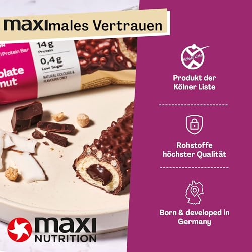 MaxiNutrition Creamy Core Bar Dark Chocolate Coconut, 12x45g Filled-Protein-Riegel, 32% Eiweißgehalt 14g je Riegel, low Sugar (1g), ohne Zuckerzusatz, ohne künstliche Aromen