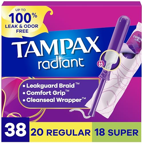Tampax Radiant Tampons Multipack #1 Tampon Brand with LeakGuard Braid Regular/Super Absorbency Up to 100% Leak and Odor Free Protection Unscented 38 Count