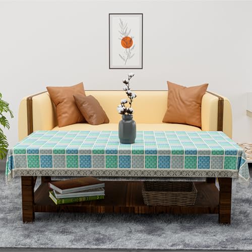 Image of Kuber Industries 40x60 Inch PVC Center Table Cover 4 Seater for Living Room and Home Decor | Waterproof and Anti-Slip Teapoy Cover | Table Protector Sheet | Check - Grey & Blue