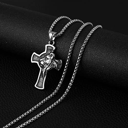 HZMAN Stainless Steel Lion Head Cross Necklace for Men Gothic Pendant with 22+2in Chain2