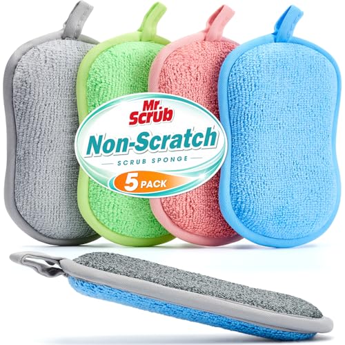 Image of Mr. Scrub Sponges Kitchen Dish Sponge for Washing Dishes Cleaning Kitchen, 5 Pack, Non Scratch, Rough Scrubbers Side for Non-Stick Cookware, Soft Microfiber Scrub Side for Dishes, Multicolor