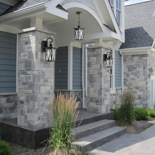 Image of Outdoor Porch Light Wall Mount,18'' Exterior Waterproof Wall Lighting Fixtures,Wall Sconce Light with E26 Socket & Water Ripple Glass Shades, Matte Black Outside Wall Lantern for Patio Front Door