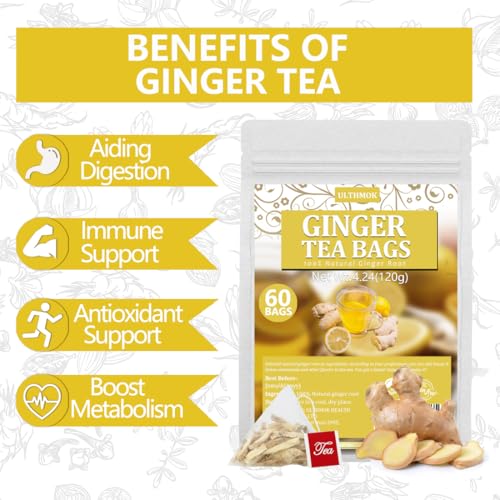 60 Premium Ginger Tea Bags, Made with 100% Natural Ginger Root, Warm & Spicy, Support Digestion & Boost Immunity, No Additives & Caffeine Free. - Image 6